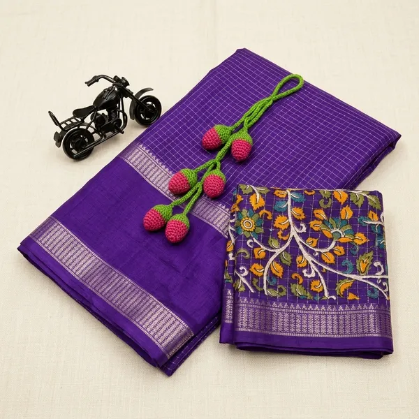 Purple_Cotton_Chex_Saree_With_Unstitched_Blouse_For_Women