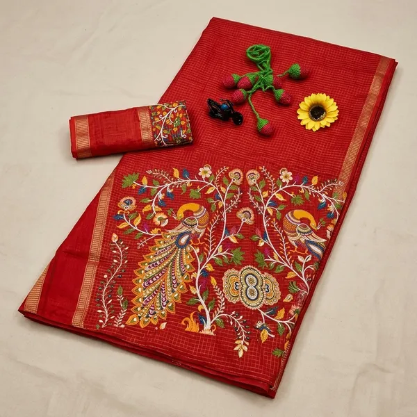 Red_Cotton_Chex_Saree_With_Unstitched_Blouse_For_Women