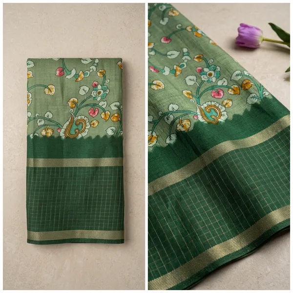 Pista_Green_Cotton_Chex_Saree_With_Unstitched_Blouse_For_Women