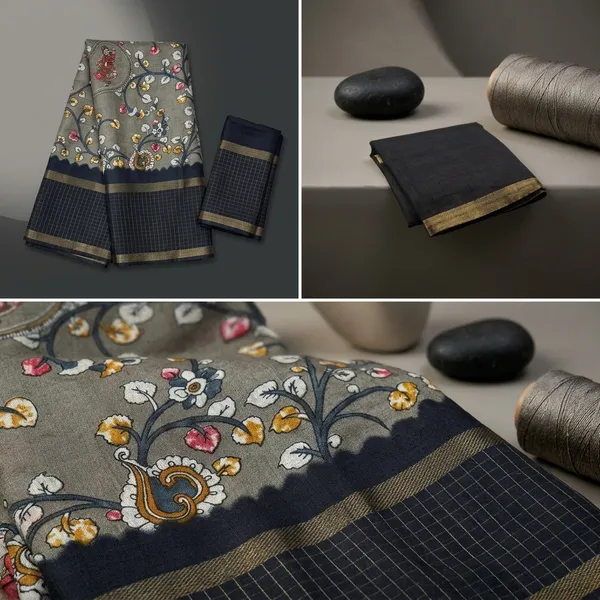 Brown_Cotton_Chex_Saree_With_Unstitched_Blouse_For_Women