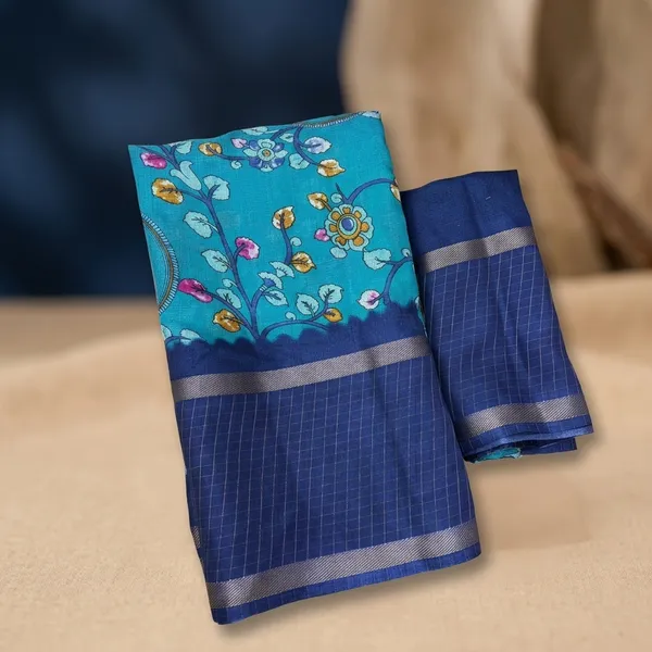 Sky_Blue_Cotton_Chex_Saree_With_Unstitched_Blouse_For_Women