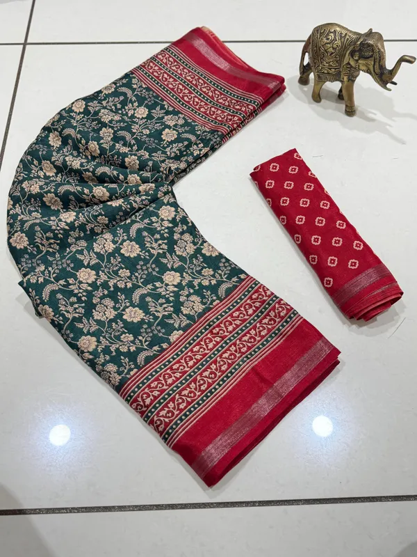 Green_Malmal_Cotton_Saree_With_Unstitched_Blouse_For_Women