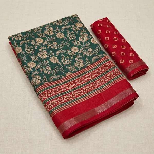 Green_Malmal_Cotton_Saree_With_Unstitched_Blouse_For_Women