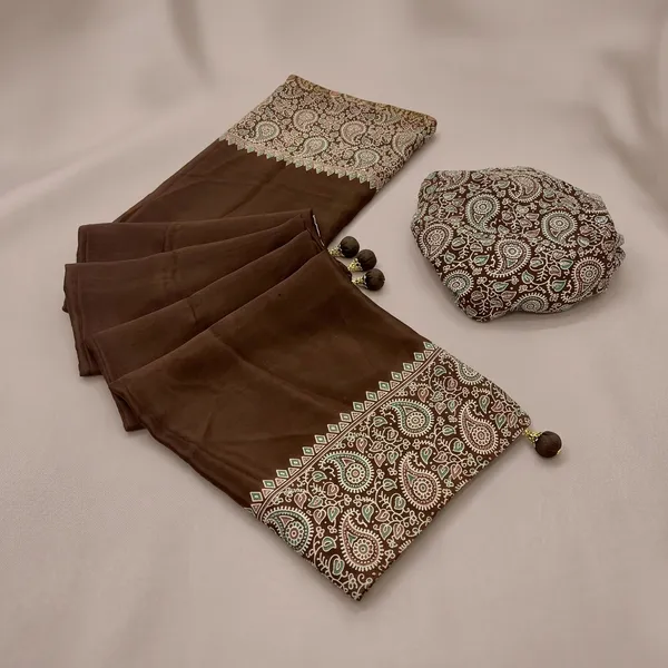 Brown_Japan_Satin_Saree_With_Unstitched_Blouse_For_Women
