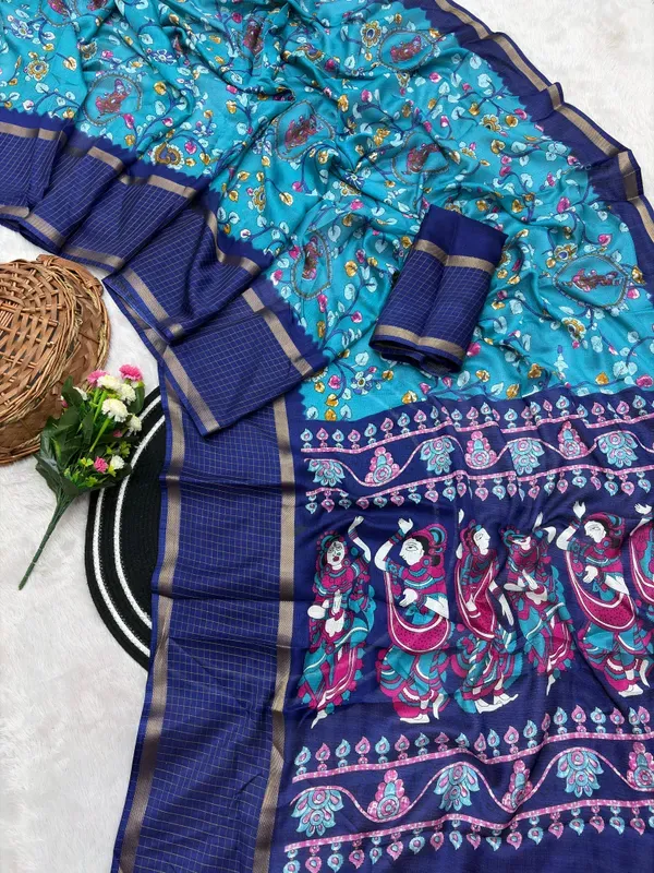 Sky_Blue_Cotton_Chex_Saree_With_Unstitched_Blouse_For_Women