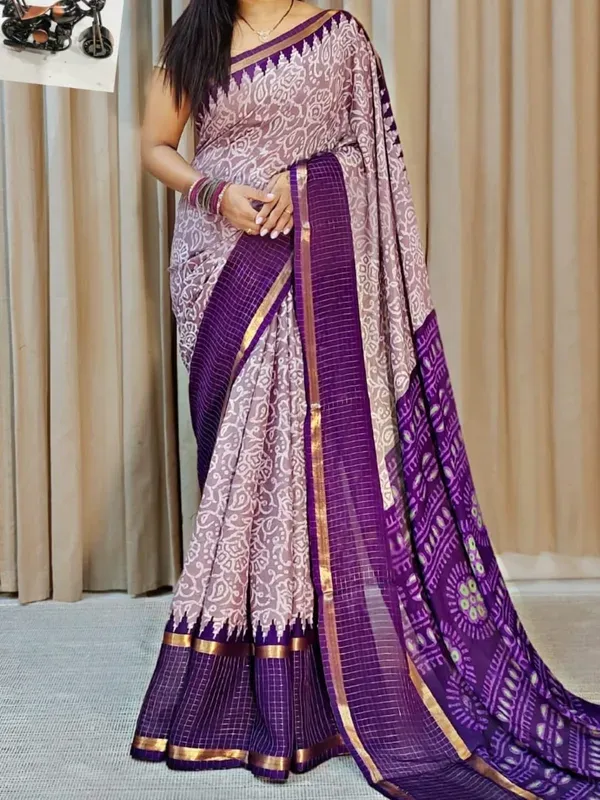 Lavender_Cotton_Checks_Saree_With_Unstitched_Blouse_For_Women