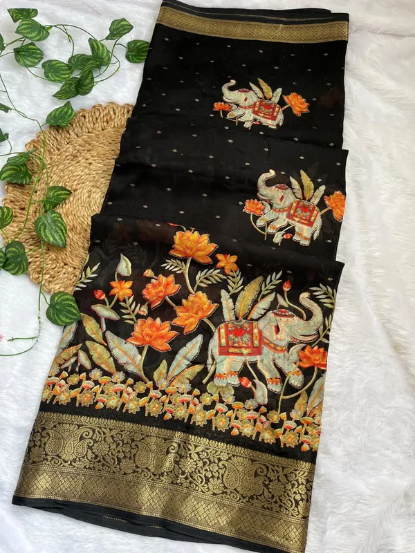 Black_Georgette_Foil_Saree_With_Unstitched_Blouse_For_Women