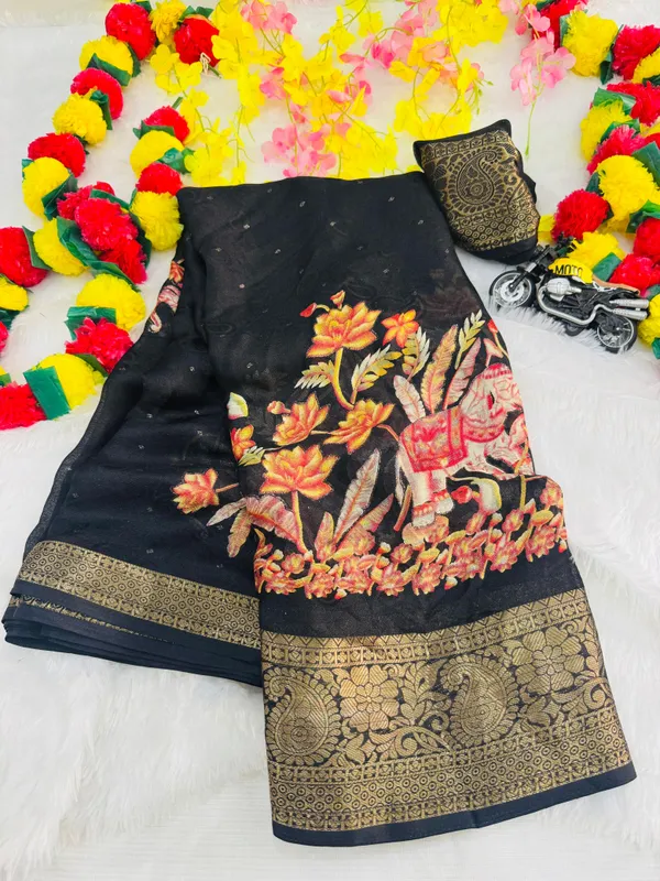 Black_Georgette_Foil_Saree_With_Unstitched_Blouse_For_Women