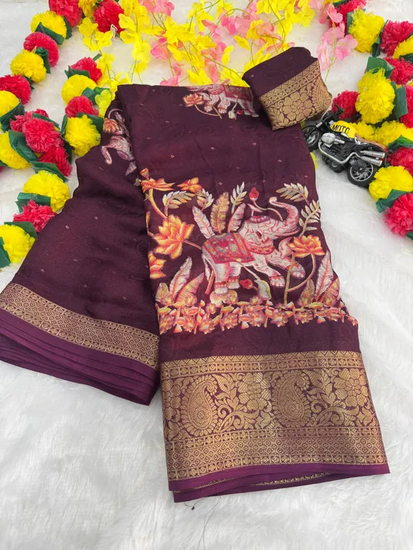 Wine_Georgette_Foil_Saree_With_Unstitched_Blouse_For_Women