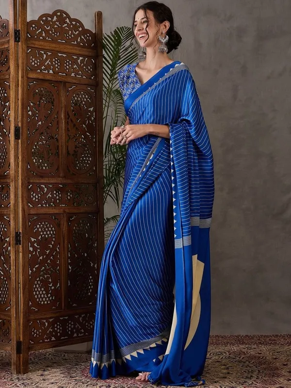 Royal_Blue_Japan_Satin_Saree_With_Unstitched_Blouse_For_Women