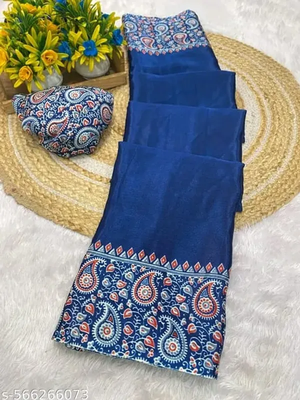 Navy_Blue_Japan_Satin_Saree_With_Unstitched_Blouse_For_Women