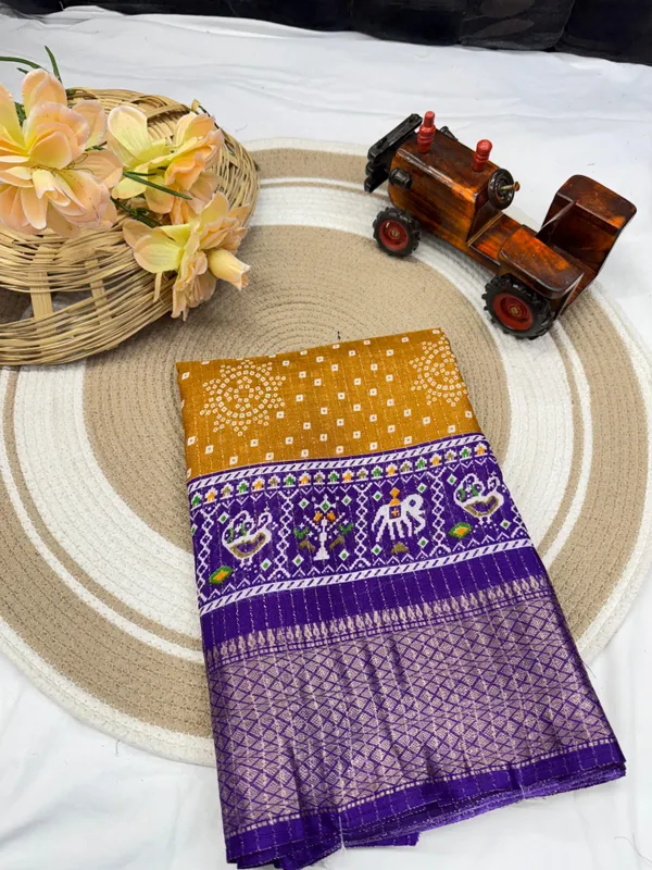 Mustard_Yellow_Dola_Silk_Saree_With_Unstitched_Blouse_For_Women