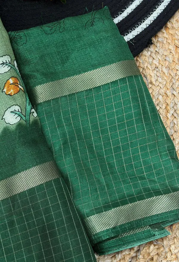 Pista_Green_Cotton_Chex_Saree_With_Unstitched_Blouse_For_Women