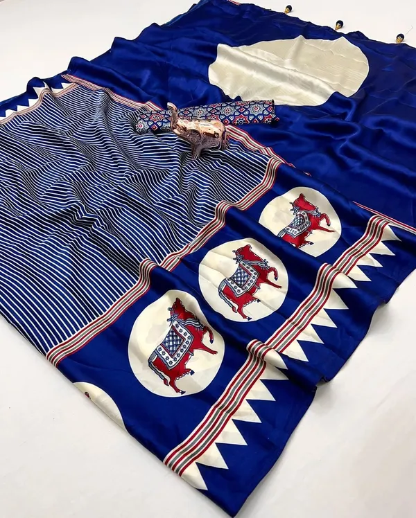 Royal_Blue_Japan_Satin_Saree_With_Unstitched_Blouse_For_Women