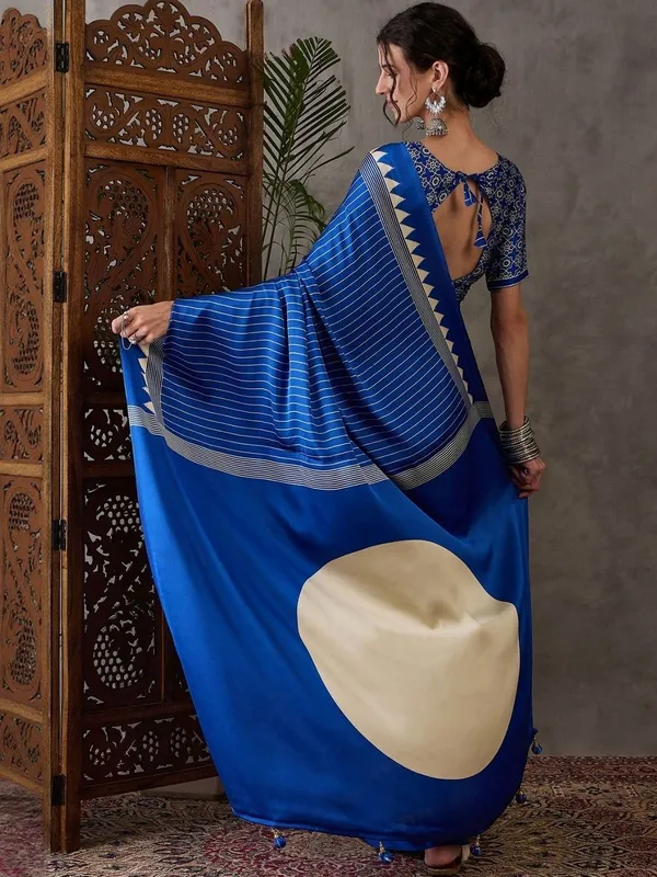 Royal_Blue_Japan_Satin_Saree_With_Unstitched_Blouse_For_Women