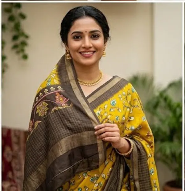 Yellow_Cotton_Chex_Saree_With_Unstitched_Blouse_For_Women