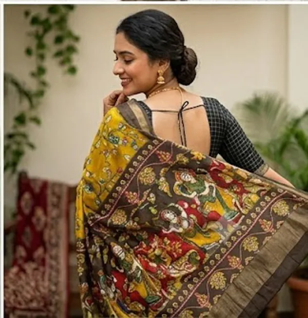 Yellow_Cotton_Chex_Saree_With_Unstitched_Blouse_For_Women