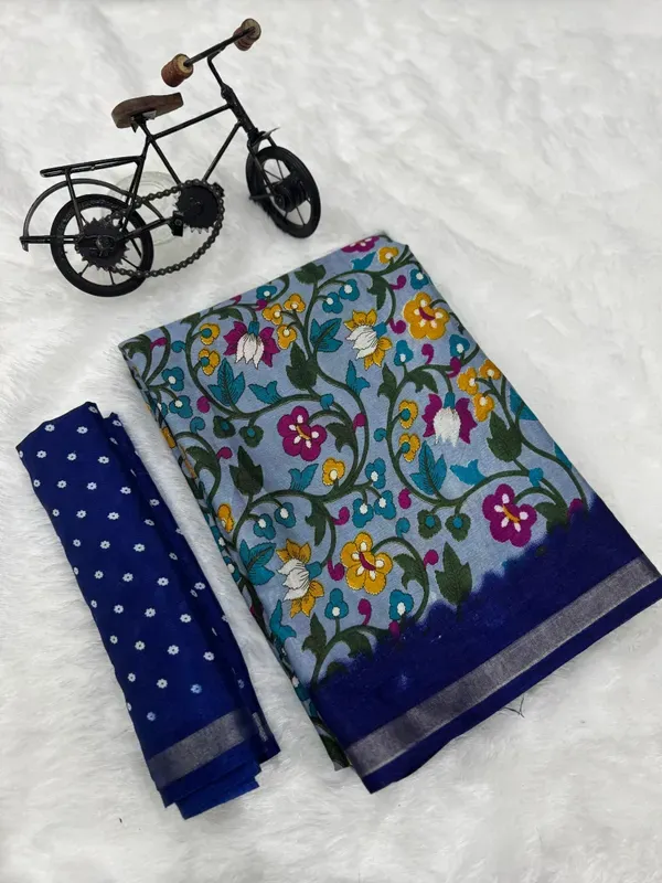 Blue_Malmal_Cotton_Saree_With_Unstitched_Blouse_For_Women