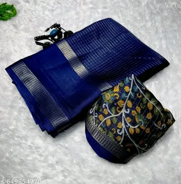 Navy_Blue_Cotton_Chex_Saree_With_Unstitched_Blouse_For_Women