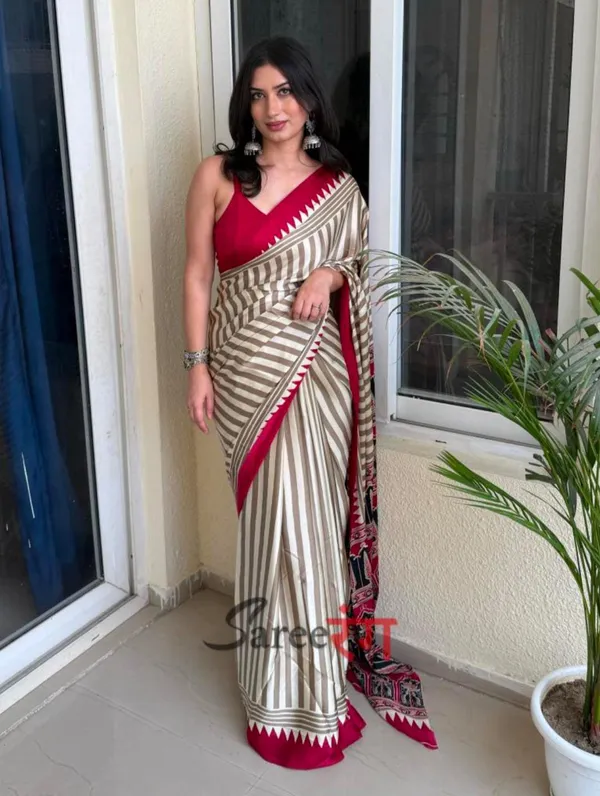 Cream_Red_Japan_Satin_Saree_With_Unstitched_Blouse_For_Women