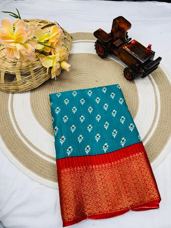 Teal_Blue_Dola_Silk_Saree_With_Unstitched_Blouse_For_Women