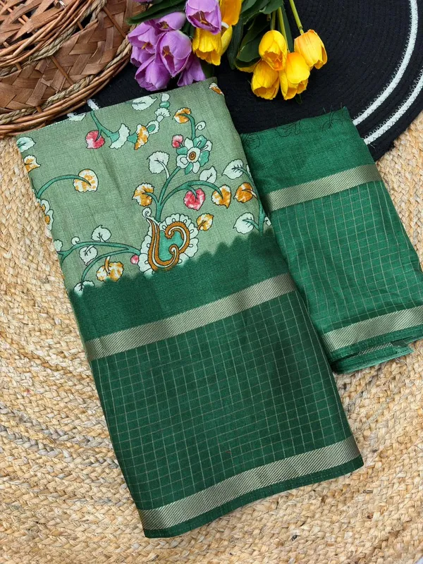 Pista_Green_Cotton_Chex_Saree_With_Unstitched_Blouse_For_Women