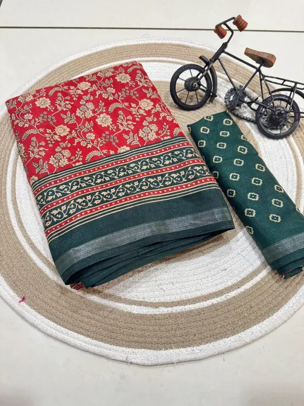 Red_Malmal_Cotton_Saree_With_Unstitched_Blouse_For_Women