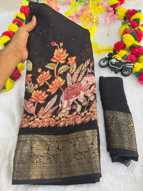 Black_Georgette_Foil_Saree_With_Unstitched_Blouse_For_Women