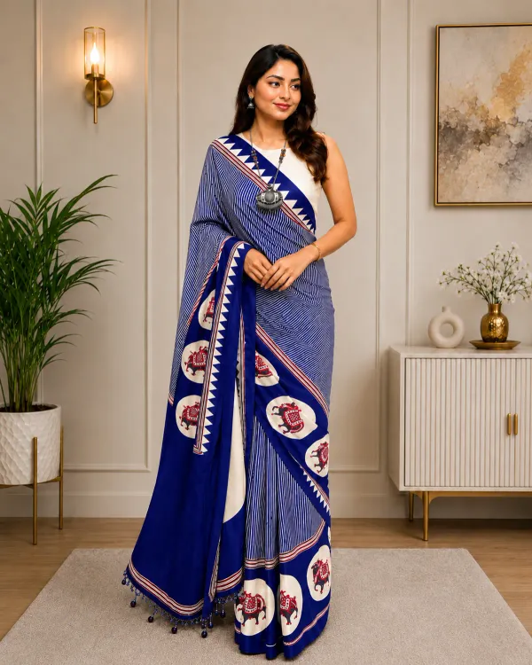 Royal_Blue_Japan_Satin_Saree_With_Unstitched_Blouse_For_Women