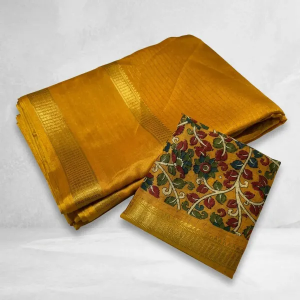 Yellow_Cotton_Chex_Saree_With_Unstitched_Blouse_For_Women