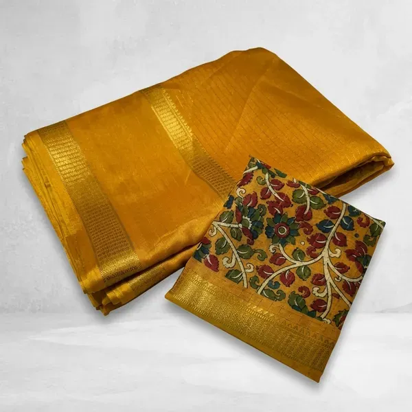 Yellow_Cotton_Chex_Saree_With_Unstitched_Blouse_For_Women