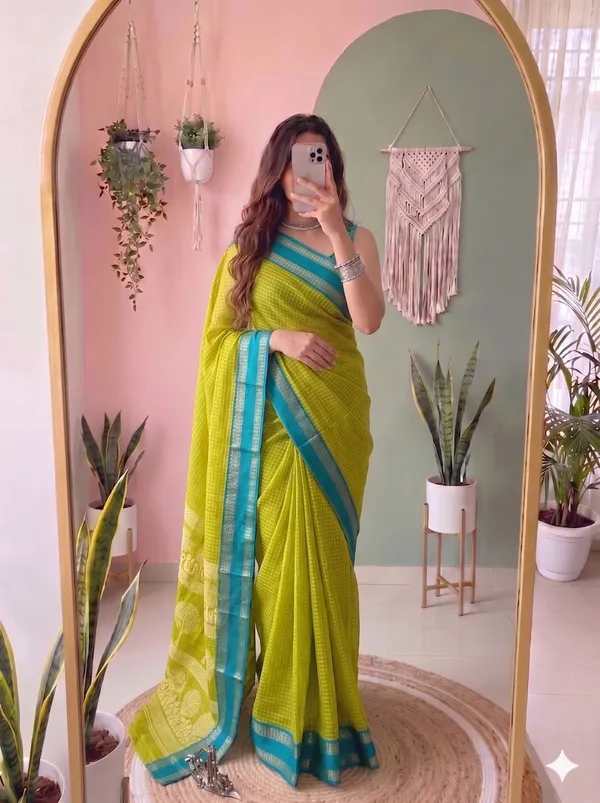 Yellow_Cotton_Chex_Saree_With_Unstitched_Blouse_For_Women