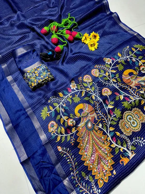 Navy_Blue_Cotton_Chex_Saree_With_Unstitched_Blouse_For_Women