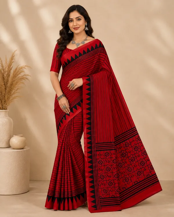 Red_Japan_Satin_Saree_With_Unstitched_Blouse_For_Women