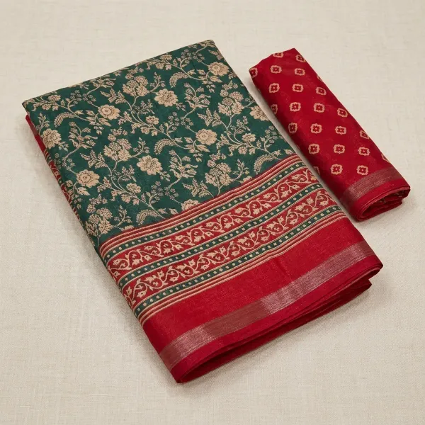 Green_Malmal_Cotton_Saree_With_Unstitched_Blouse_For_Women