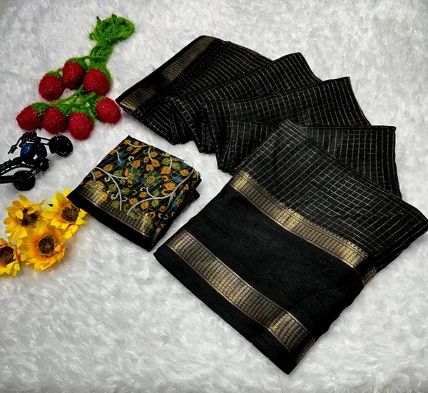 Black_Cotton_Chex_Saree_With_Unstitched_Blouse_For_Women