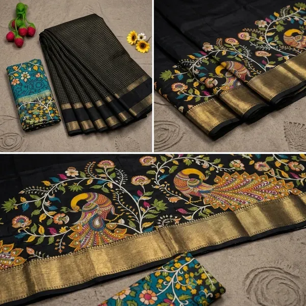 Black_Cotton_Chex_Saree_With_Unstitched_Blouse_For_Women