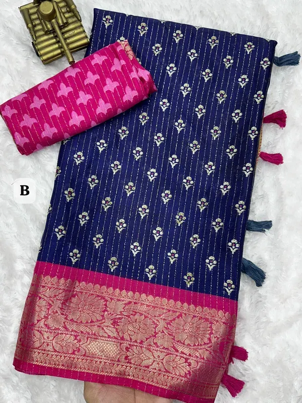 Navy_Blue_Dola_Silk_Saree_With_Unstitched_Blouse_For_Women