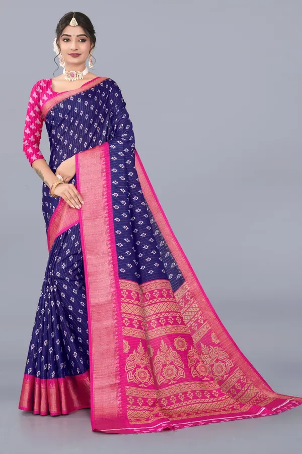 Navy_Blue_Dola_Silk_Saree_With_Unstitched_Blouse_For_Women