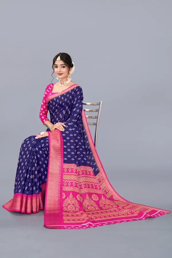 Navy_Blue_Dola_Silk_Saree_With_Unstitched_Blouse_For_Women