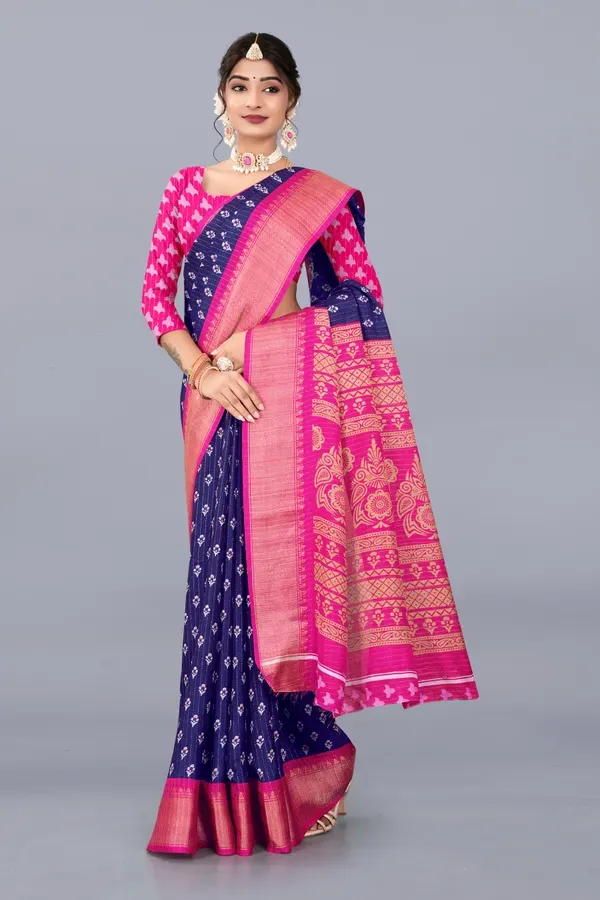 Navy_Blue_Dola_Silk_Saree_With_Unstitched_Blouse_For_Women