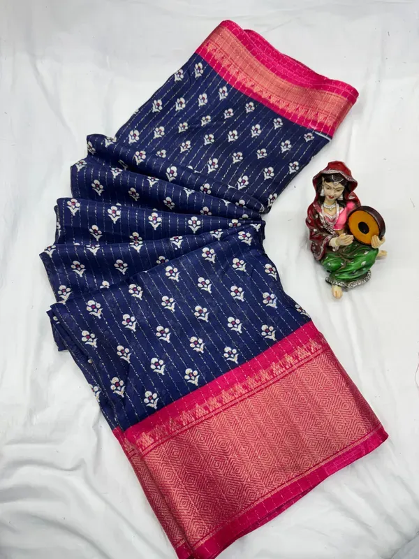 Navy_Blue_Dola_Silk_Saree_With_Unstitched_Blouse_For_Women