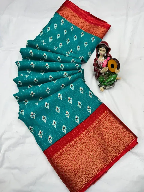 Teal_Blue_Dola_Silk_Saree_With_Unstitched_Blouse_For_Women