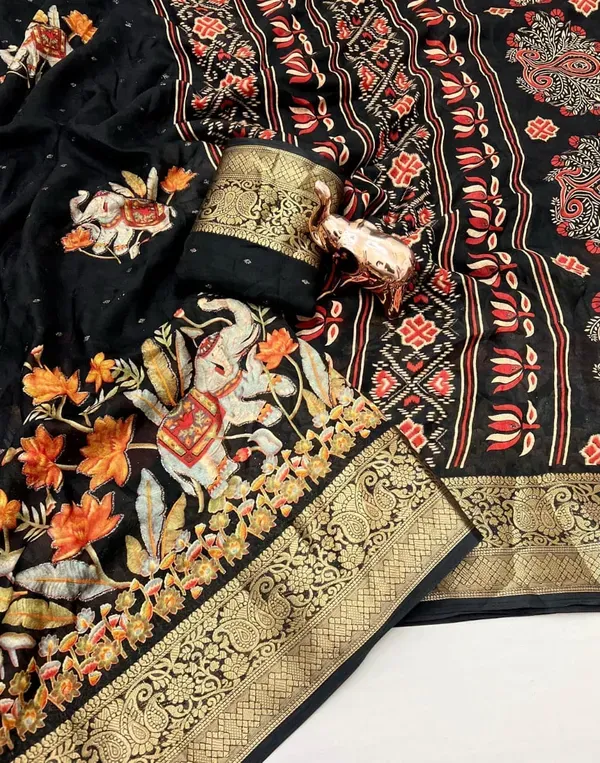 Black_Georgette_Foil_Saree_With_Unstitched_Blouse_For_Women