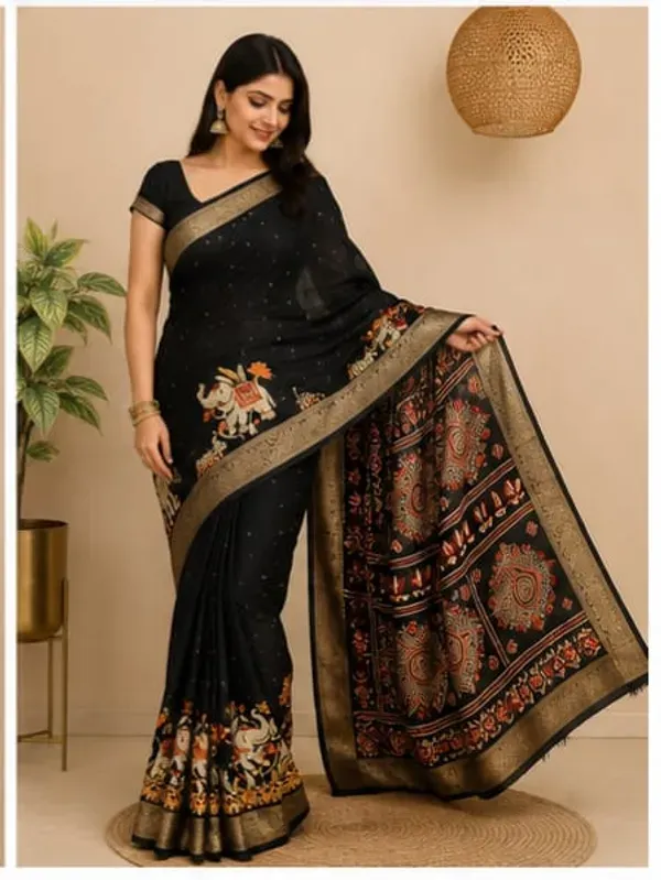 Black_Georgette_Foil_Saree_With_Unstitched_Blouse_For_Women
