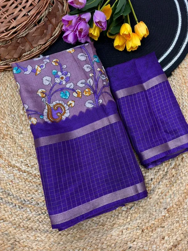 Purple_Cotton_Chex_Saree_With_Unstitched_Blouse_For_Women