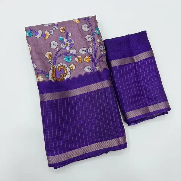 Purple_Cotton_Chex_Saree_With_Unstitched_Blouse_For_Women