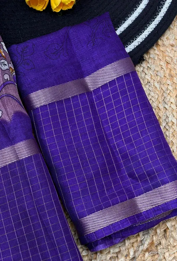 Purple_Cotton_Chex_Saree_With_Unstitched_Blouse_For_Women