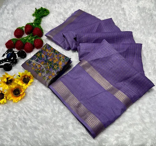Lavender_Cotton_Checks_Saree_With_Unstitched_Blouse_For_Women