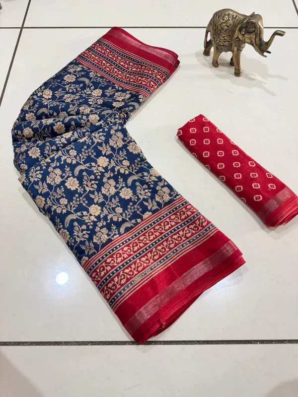 Navy_Blue_Malmal_Cotton_Saree_With_Unstitched_Blouse_For_Women